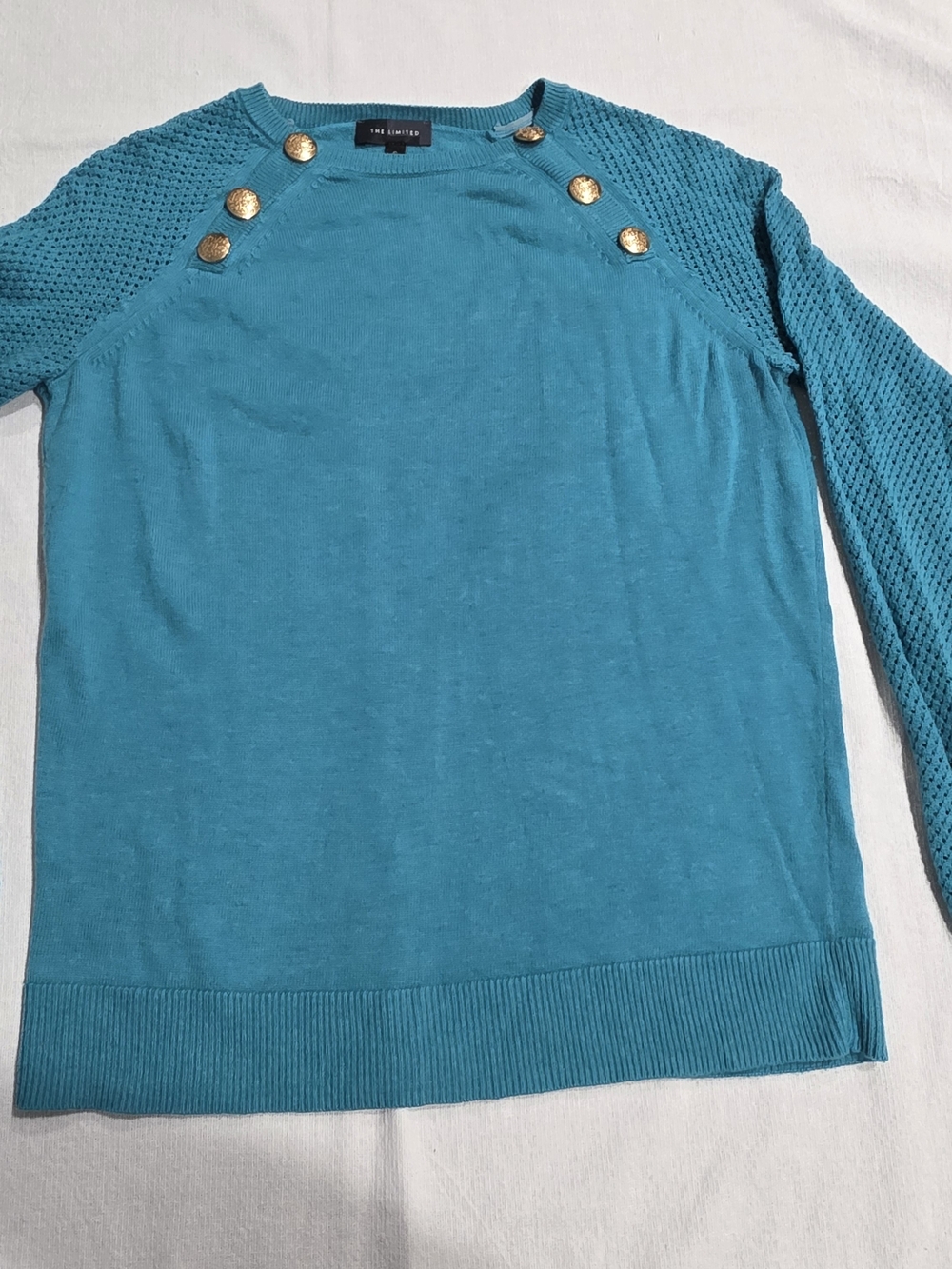 The Limited Teal Crewneck Sweater with Gold Buttons